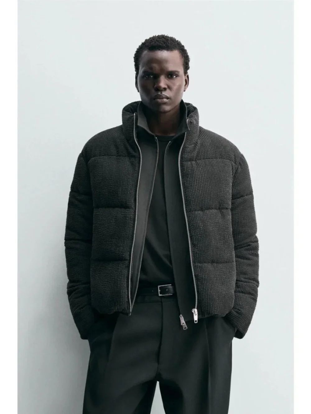 Zara Mens Puffer Jacket Coat M Medium Black Corduroy Insulated full zip NWOT